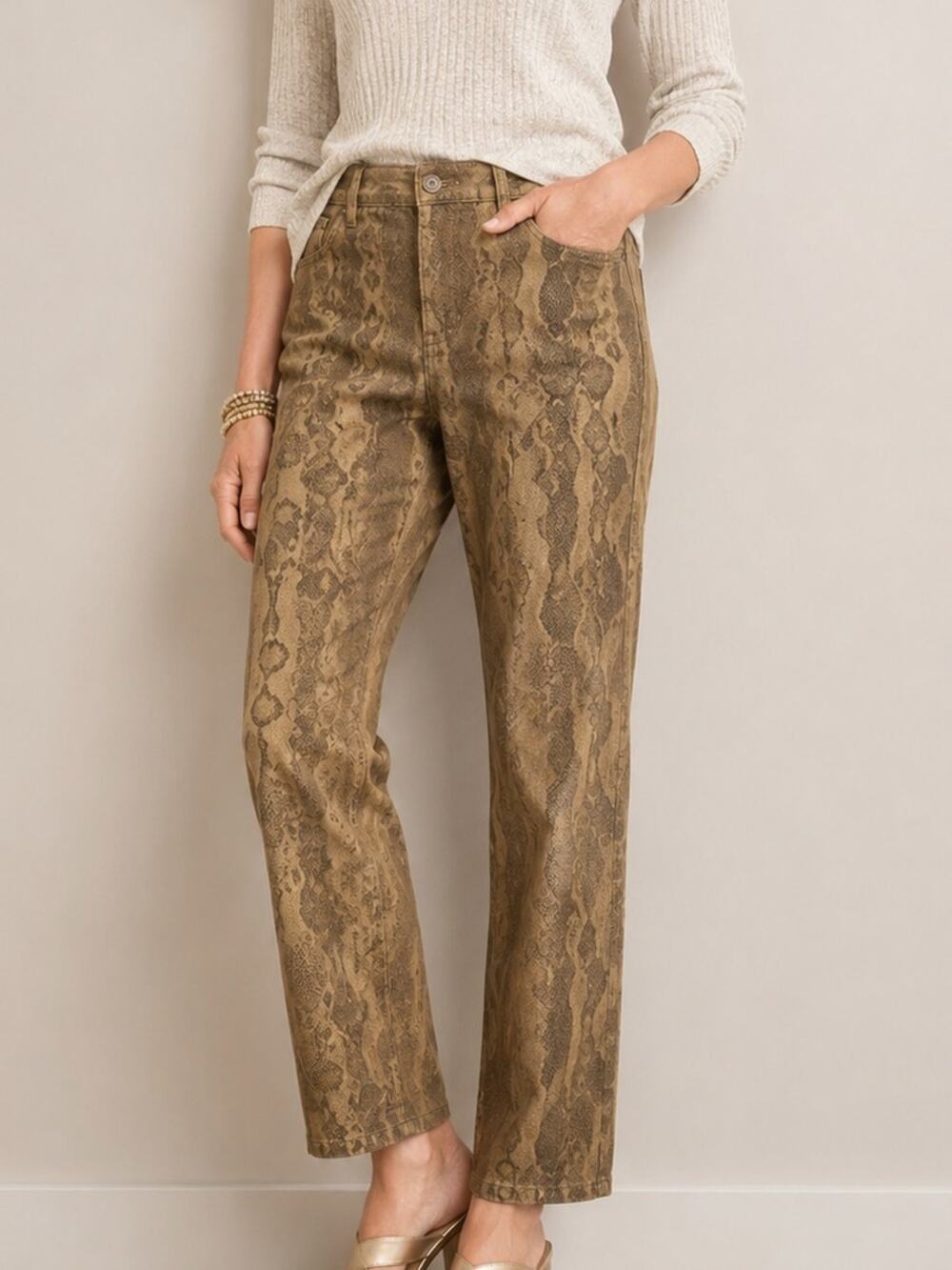 Chico’s Snake Print Stretch Pants Women’s Size 10 Brown Slim Straight